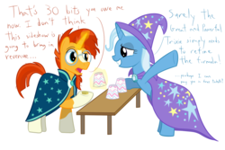 Size: 1200x800 | Tagged: safe, artist:mightyshockwave, sunburst, trixie, pony, unicorn, g4, uncommon bond, bit, clothes, coin, cup, dialogue, magic trick, simple background, table, white background