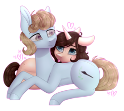 Size: 2253x2029 | Tagged: safe, artist:ohhoneybee, oc, oc only, oc:klo, oc:mei mei, pony, unicorn, female, high res, mare, prone, simple background, tongue out, transparent background