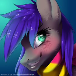 Size: 2000x2000 | Tagged: safe, artist:crescent0100, oc, oc only, oc:coaldust, earth pony, pony, blushing, bust, clothes, high res, pansexual pride flag, scarf, solo