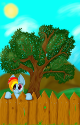 Size: 2863x4455 | Tagged: safe, artist:the-fox-experiment, rainbow dash, g4, cute, female, fence, solo, standing, tree