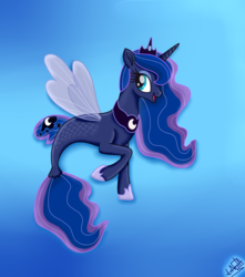Size: 1150x1300 | Tagged: safe, artist:liniitadash23, princess luna, alicorn, seapony (g4), g4, blue background, blue eyes, blue mane, blue tail, digital art, dorsal fin, female, fin, fin wings, fish tail, flowing mane, flowing tail, horn, movie accurate, ocean, open mouth, open smile, seaponified, seapony luna, show accurate, signature, simple background, smiling, solo, species swap, swimming, tail, underwater, water, wings
