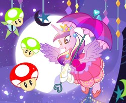 Size: 1000x818 | Tagged: source needed, safe, artist:pixelkitties, princess cadance, alicorn, pony, g4, 1-up mushroom, clothes, costume, crossover, cute, cutedance, dress, ear piercing, earring, female, halloween, halloween costume, holiday, jewelry, piercing, princess peach, puffy sleeves, solo, super mario, super mushroom