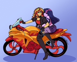 Size: 3227x2615 | Tagged: safe, artist:overlordneon, sunset shimmer, twilight sparkle, equestria girls, g4, badass, badass adorable, biker, blue background, blushing, boots, breasts, cleavage, clothes, cute, duo, eyeshadow, female, fingerless gloves, fishnet stockings, gloves, high heel boots, high res, knee-high boots, lesbian, lidded eyes, looking at each other, looking back, makeup, motorcycle, pantyhose, ship:sunsetsparkle, shipping, shoes, shorts, simple background, smiling, thigh boots