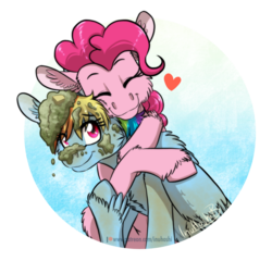 Size: 900x863 | Tagged: safe, artist:inuhoshi-to-darkpen, pinkie pie, rainbow dash, earth pony, pegasus, pony, g4, secrets and pies, dirty, eyes closed, feathered fetlocks, female, heart, hug, mare, patreon, patreon logo, simple background, smiling, transparent background, unshorn fetlocks