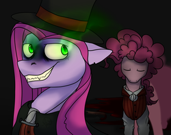 Size: 1024x807 | Tagged: safe, artist:sevenurrollytov, pinkie pie, earth pony, pony, g4, blood, clothes, crossover, dr jekyll and mr hyde, eyes closed, glowing eyes, green eyes, hat, pinkamena diane pie, top hat