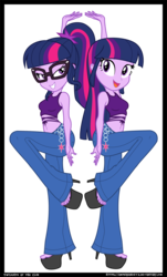 Size: 1294x2144 | Tagged: safe, artist:ampersandxyz, sci-twi, twilight sparkle, human, equestria girls, g4, bedroom eyes, belly button, breasts, clothes, dancing, duo, duo female, feet, female, glasses, high heels, hooker, midriff, open-toed shoes, platform heels, raised leg, sexy, shoes, show accurate, simple background, smiling, stupid sexy sci-twi, stupid sexy twilight, symmetrical, toes, transparent background, twolight