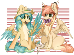 Size: 1407x1059 | Tagged: safe, artist:woonborg, oc, oc only, oc:lyshuu, oc:tropical, bird, pegasus, pony, abstract background, cheek fluff, chest fluff, cookie, cute, ear fluff, female, flower, fluffy, food, happy, hat, mare, mouth hold, ocbetes, signature, sitting, smiling, spread wings, wings