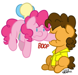 Size: 2809x2697 | Tagged: safe, artist:befishproductions, cheese sandwich, pinkie pie, g4, abuse, balloon, boop, cheesabuse, female, floating, high res, male, mare, ouch, punch, sad, signature, simple background, stallion, then watch her balloons lift her up to the sky, this will end in pain