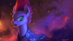 Size: 3555x2000 | Tagged: safe, artist:rublegun, tempest shadow, pony, unicorn, g4, my little pony: the movie, armor, broken horn, eye scar, female, high res, horn, mare, open mouth, scar, signature, solo