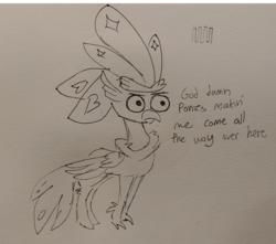 Size: 1648x1460 | Tagged: safe, artist:tjpones, queen novo, classical hippogriff, hippogriff, g4, my little pony: the movie, dialogue, female, lineart, meme, solo, special eyes, traditional art