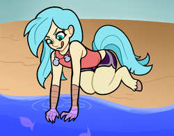 Size: 1947x1525 | Tagged: safe, artist:/d/non, oc, oc only, oc:rusalka, fish, satyr, g4, my little pony: the movie, beach, claws, clothes, female, hooves, offspring, parent:princess skystar, shells, shorts, solo, water