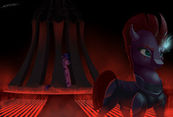 Size: 4000x2700 | Tagged: safe, artist:skitsroom, tempest shadow, twilight sparkle, alicorn, pony, g4, my little pony: the movie, armor, broken horn, cage, crying, electricity, horn, open up your eyes, scene interpretation, twilight sparkle (alicorn)