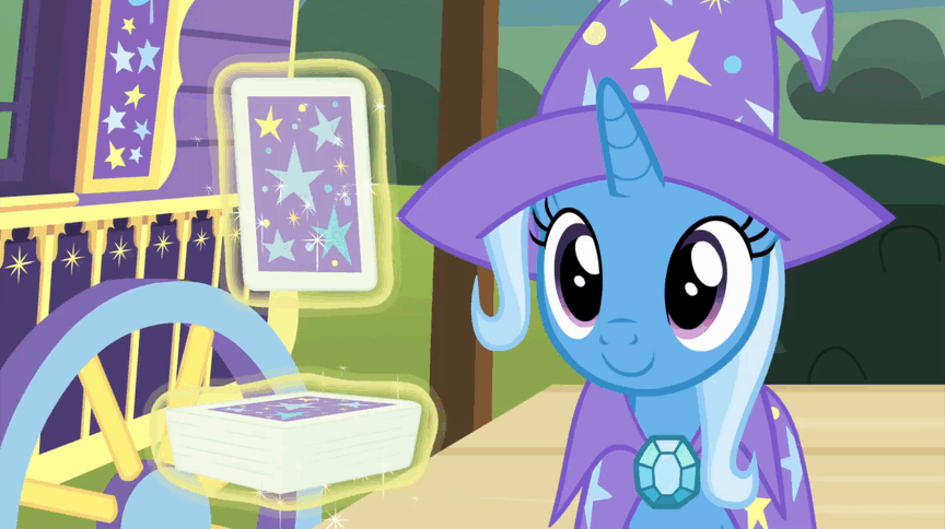 1567203 - safe, screencap, trixie, pony, unicorn, g4, my little pony:  friendship is magic, season 7, uncommon bond, animated, blinking, brooch,  c:, cape, card, clothes, cute, diatrixes, female, gif, hat, head shake,