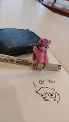 Size: 4160x2340 | Tagged: safe, artist:tjpones, skywishes (g4), pegasus, pony, g4, blind bag, dialogue, drawing, heart, hoof hold, irl, lineart, pen, photo, solo, toy, traditional art