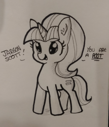 Size: 979x1141 | Tagged: safe, artist:tjpones, starlight glimmer, pony, unicorn, g4, black and white, dialogue, ear fluff, equal cutie mark, female, grayscale, inktober, insult, lineart, mare, marker drawing, monochrome, solo, traditional art