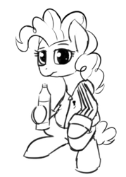 Size: 396x553 | Tagged: safe, artist:wenni, pinkie pie, earth pony, pony, g4, adidas, alcohol, bipedal, black and white, clothes, female, gopnik, grayscale, mare, monochrome, simple background, sketch, solo, squatting, tracksuit, white background