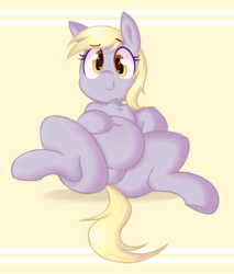 Size: 1143x1340 | Tagged: safe, artist:toroitimu, derpy hooves, pegasus, pony, g4, aderpose, belly, belly button, butt, chest fluff, chubby, fat, female, looking at you, mare, plot, pubic mound, simple background, smiling, solo