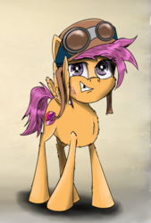 Size: 1320x1956 | Tagged: safe, artist:chopsticks, scootaloo, pegasus, pony, g4, aviator goggles, aviator hat, cheek fluff, chest fluff, clothes, cutie mark, female, goggles, grin, hat, looking at you, missing teeth, simple background, smiling, solo