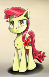 Size: 1259x1953 | Tagged: safe, artist:chopsticks, apple bloom, earth pony, pony, g4, bow, cheek fluff, chest fluff, cutie mark, female, looking at you, simple background, smiling, solo