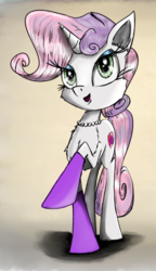 Size: 1038x1799 | Tagged: safe, artist:chopsticks, sweetie belle, pony, unicorn, g4, cheek fluff, chest fluff, clothes, cutie mark, eyeshadow, female, jewelry, looking at you, makeup, mare, necklace, open mouth, simple background, smiling, socks, solo