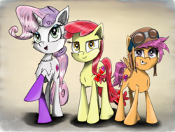Size: 2000x1500 | Tagged: safe, artist:chopsticks, apple bloom, scootaloo, sweetie belle, earth pony, pegasus, pony, unicorn, g4, aviator goggles, aviator hat, bow, cheek fluff, chest fluff, clothes, cutie mark crusaders, diverse body types, eyeshadow, fanfic, fanfic art, female, goggles, hat, jewelry, looking at you, makeup, mare, necklace, princess (fanfic), socks