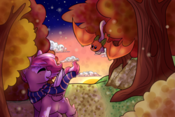 Size: 3000x2000 | Tagged: safe, artist:cloureed, oc, oc only, oc:cinnamon, oc:strawberry breeze, fruit bat, pegasus, pony, autumn, clothes, high res, long tail, scarf, sunset, tree