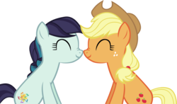 Size: 5548x3266 | Tagged: safe, artist:ironm17, applejack, coloratura, earth pony, pony, g4, ^^, eyes closed, female, lesbian, mare, nuzzling, ship:rarajack, shipping, simple background, transparent background