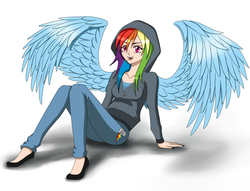 Size: 1672x1275 | Tagged: safe, artist:shiawase-ji, rainbow dash, human, g4, clothes, cute, cute little fangs, fangs, female, hoodie, humanized, nail polish, no more ponies at source, pants, sitting, solo, toothpick, winged humanization, wings