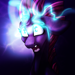 Size: 1000x1000 | Tagged: safe, artist:immagoddampony, tempest shadow, pony, unicorn, g4, my little pony: the movie, broken horn, electricity, female, horn, magic, mare, open mouth, solo, sparking horn