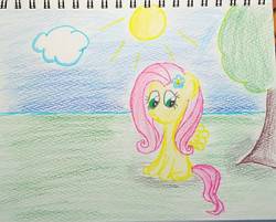 Size: 1184x950 | Tagged: safe, artist:sumi-mlp25, fluttershy, pegasus, pony, g4, female, flower, flower in hair, grass, looking at you, sitting, smiling, solo, traditional art, tree