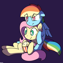 Size: 2400x2400 | Tagged: safe, artist:kemofoo, fluttershy, rainbow dash, pegasus, pony, g4, confused, cuddling, cute, cutie mark, female, food, frown, high res, holding, lesbian, lying down, mare, on back, popcorn, purple background, ship:flutterdash, shipping, simple background, sitting, smiling, unamused, watching, watching tv, wings