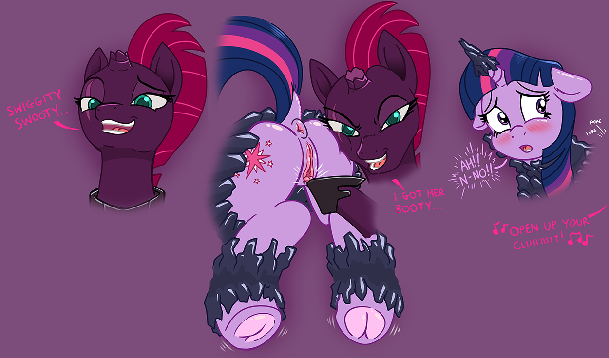 1567314 - explicit, artist:caroo, tempest shadow, twilight sparkle, pony,  unicorn, g4, my little pony: the movie, anus, blushing, bondage, broken  horn, butt, clit boop, clitoris, dialogue, dock, dubious consent,  encasement, female, floppy