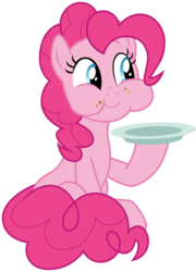 Size: 1375x1909 | Tagged: safe, artist:sonofaskywalker, pinkie pie, earth pony, pony, daring done?, g4, female, mare, plate, simple background, sitting, smiling, solo, transparent background, vector