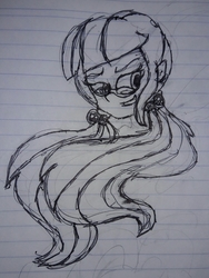 Size: 2120x2814 | Tagged: safe, artist:rodan00, derpibooru exclusive, juniper montage, equestria girls, g4, spoiler:eqg specials, bust, glasses, high res, lined paper, long hair, monochrome, pigtails, portrait, traditional art, twintails