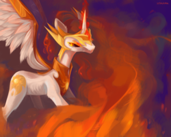 Size: 2800x2240 | Tagged: safe, artist:utauyan, daybreaker, alicorn, pony, g4, female, fire, helmet, high res, mane of fire, mare, solo