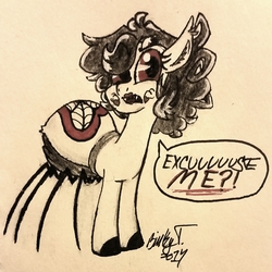 Size: 1744x1743 | Tagged: safe, artist:binkyt11, derpibooru exclusive, oc, oc only, oc:izzy bitsy, monster pony, original species, spiderpony, angry, excuse me, fangs, female, mare, partial color, simple background, speech bubble, traditional art, white background