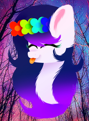 Size: 922x1261 | Tagged: safe, artist:creadorachan, oc, oc only, oc:shinyflake, pony, bust, eyes closed, female, floral head wreath, flower, mare, portrait, solo, tongue out