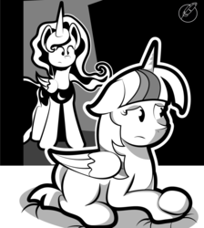 Size: 800x891 | Tagged: safe, artist:littletigressda, princess luna, twilight sparkle, alicorn, pony, g4, bed, cover art, monochrome, twilight sparkle (alicorn)