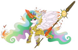 Size: 3500x2250 | Tagged: safe, artist:ghouleh, princess celestia, alicorn, pony, g4, armor, crown, flaming, glowing horn, high res, horn, horseshoes, inktober, jewelry, magic, regalia, simple background, spear, telekinesis, transparent background, warrior celestia, weapon
