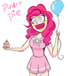 Size: 1024x1112 | Tagged: safe, artist:abrilk, pinkie pie, human, g4, balloon, clothes, cupcake, dress, female, food, humanized, simple background, solo, watermark, white background