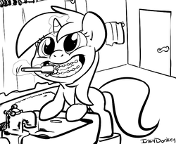 Size: 675x553 | Tagged: safe, artist:php27, minuette, pony, unicorn, g4, adorkable, bathroom, braces, cute, dork, female, filly, filly minuette, minubetes, sink, toothbrush, younger