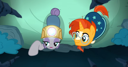 Size: 1336x702 | Tagged: safe, screencap, maud pie, sunburst, earth pony, pony, unicorn, g4, uncommon bond, cave, female, from above, hard hat, high angle, male, mare, overhead view, stallion