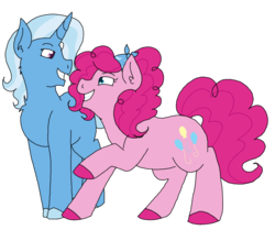 Size: 2293x1921 | Tagged: safe, artist:sylver-unicorn, pinkie pie, trixie, earth pony, pony, unicorn, g4, female, lesbian, looking at each other, ship:trixiepie, shipping, simple background, smiling, transparent background