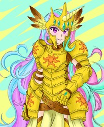 Size: 2893x3521 | Tagged: safe, artist:deeemperor, princess celestia, human, g4, armor, female, helmet, high res, humanized, looking at you, multicolored hair, praise the sun, purple eyes, smiling, solo, warrior celestia