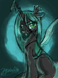 Size: 960x1280 | Tagged: safe, artist:oofycolorful, queen chrysalis, changeling, changeling queen, g4, crown, fangs, female, jewelry, lidded eyes, looking at you, regalia, signature, sitting, smiling, solo, spread wings, tongue out, wings