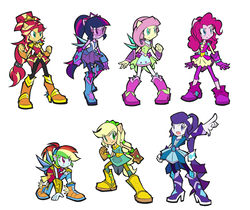Size: 1280x1077 | Tagged: safe, artist:rvceric, applejack, fluttershy, pinkie pie, rainbow dash, rarity, sci-twi, sunset shimmer, twilight sparkle, equestria girls, g4, my little pony equestria girls: better together, super squad goals, boots, clothes, crystal guardian, dress, high heel boots, humane seven, nail polish, ponied up, shoes, simple background, skirt, smiling, super ponied up, visor