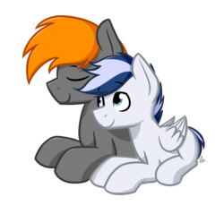 Size: 1100x1050 | Tagged: safe, artist:alexi148, oc, oc only, oc:rogy, oc:thorinair, pegasus, pony, cuddling, male, simple background, stallion, transparent background