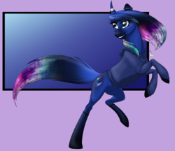 Size: 1600x1381 | Tagged: safe, artist:mythpony, oc, oc only, oc:galaxy moon, pony, unicorn, clothes, female, hoodie, mare, rearing, solo