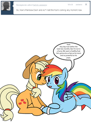 Size: 600x800 | Tagged: safe, artist:dekomaru, applejack, rainbow dash, pony, tumblr:ask twixie, g4, ask, female, lesbian, magical lesbian spawn, offspring, pregnant, prone, ship:appledash, shipping, tumblr