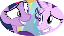 Size: 800x450 | Tagged: safe, screencap, starlight glimmer, twilight sparkle, alicorn, pony, unicorn, g4, triple threat, awkward, close-up, cropped, looking at each other, ponyville, sheepish grin, smiling, twilight sparkle (alicorn)